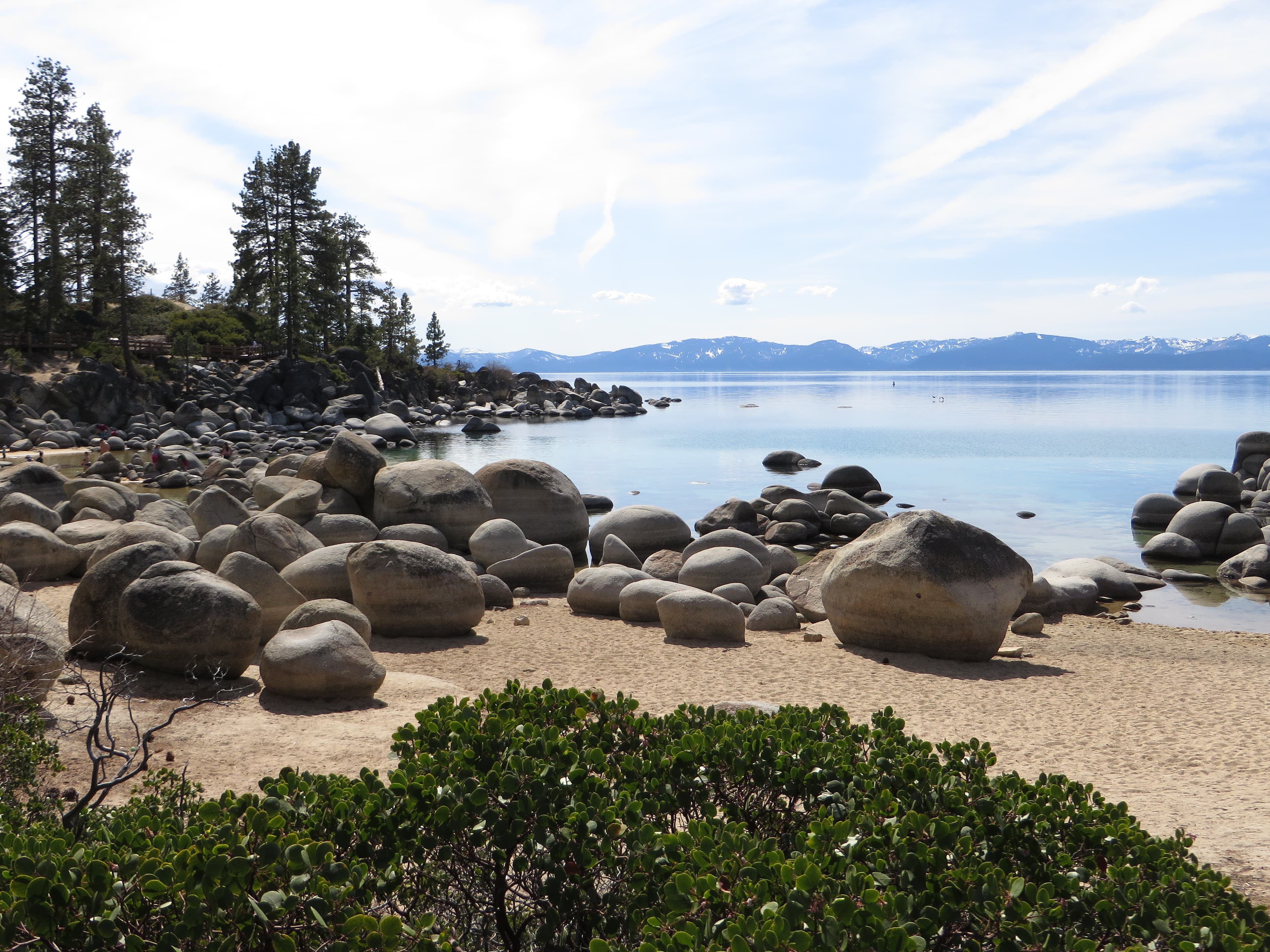 Sand Harbor at Lake Tahoe on a clear day, beach and blue water